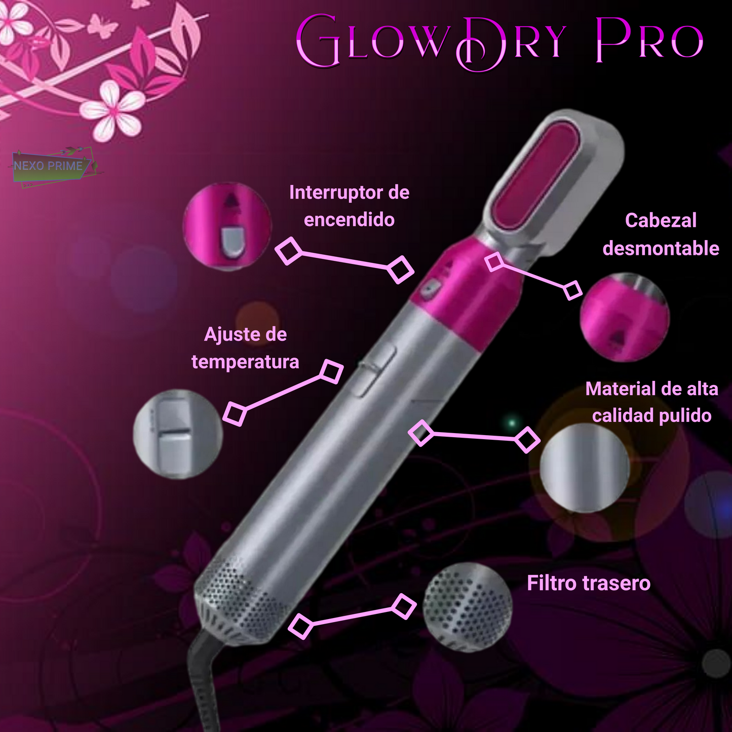 GlowDry Pro-Cepillo Secador de Pelo 5 en 1